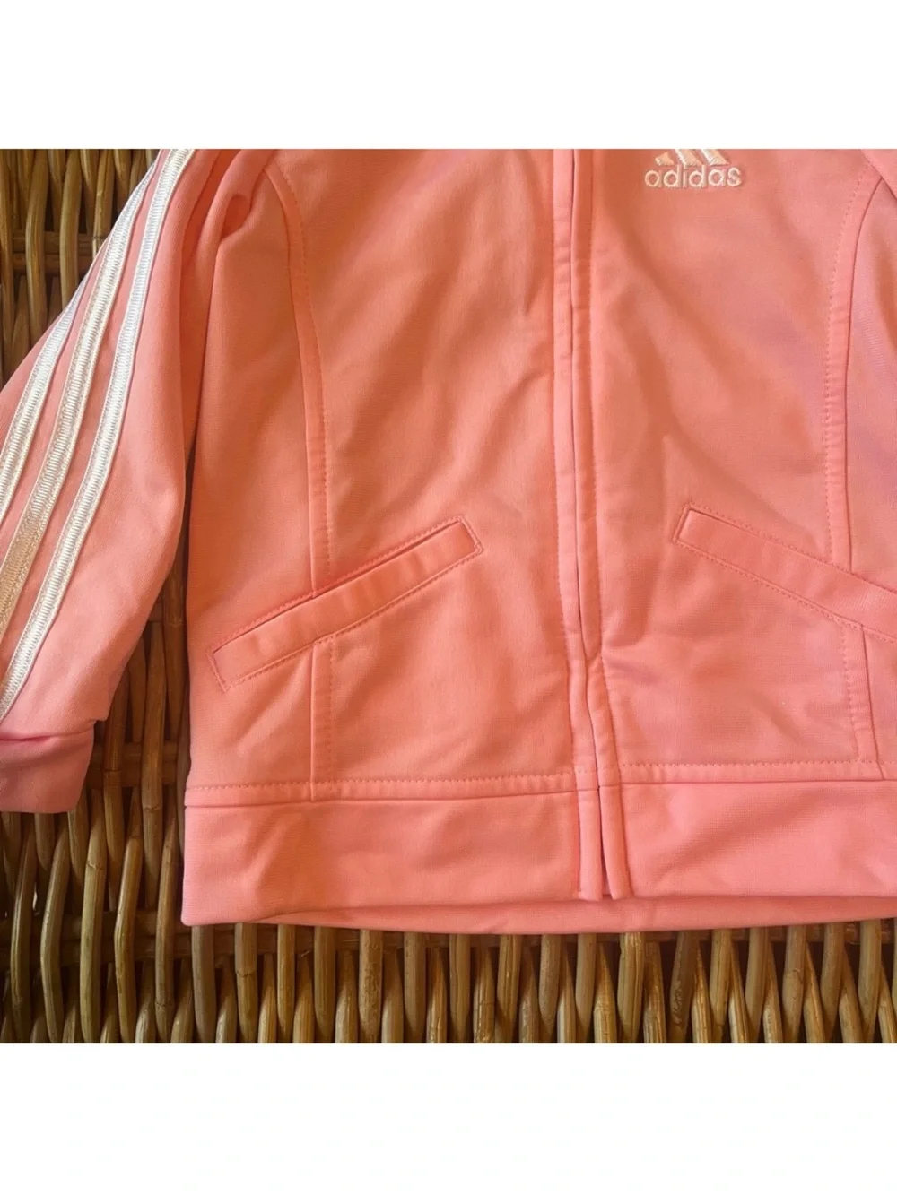adidas Light Pink Toddler Girls 18M Zip-Up Long Sleeve Jacket with White Stripes